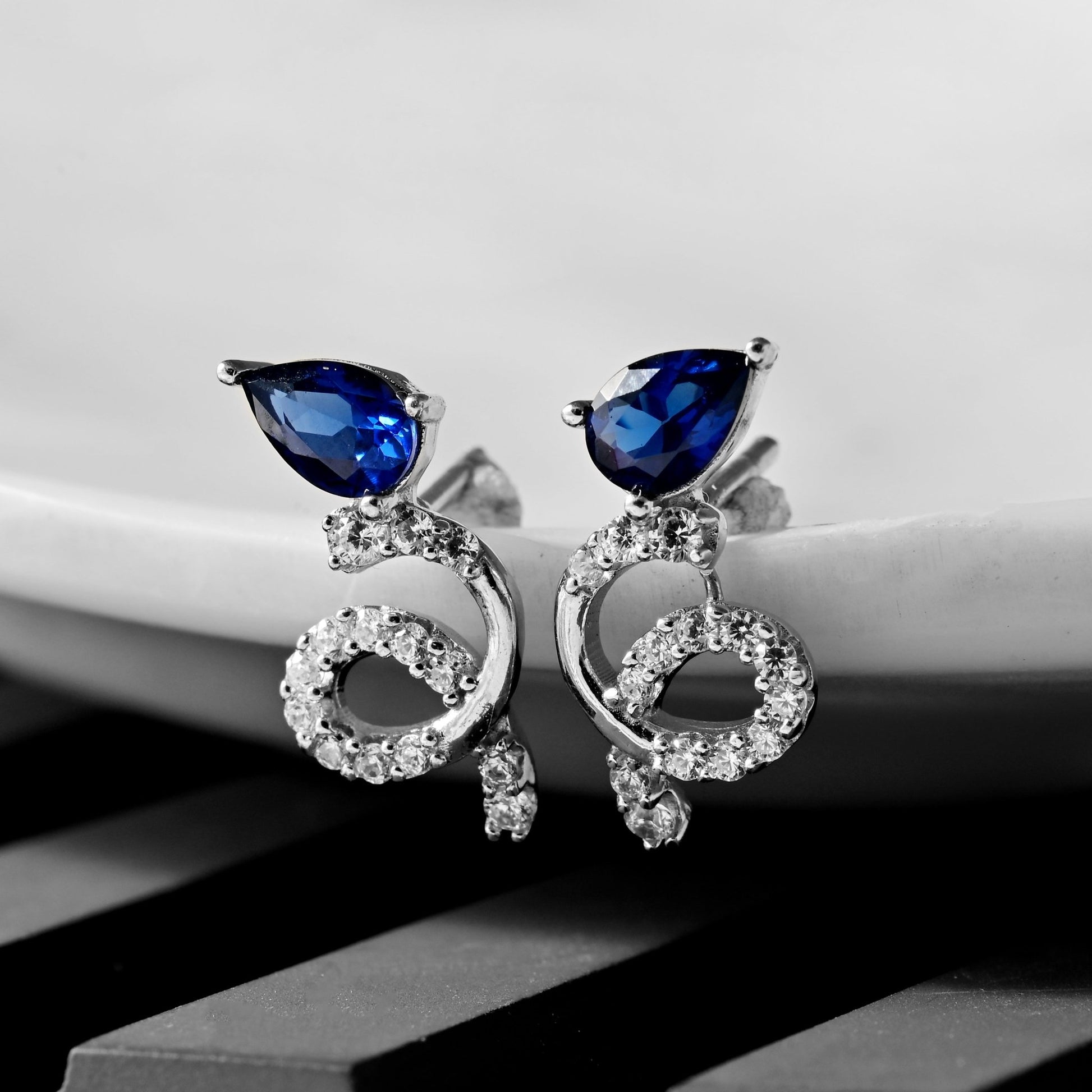 The Blue Serenade Zirconia Stud Silver Earrings - Vinayak - House of Silver