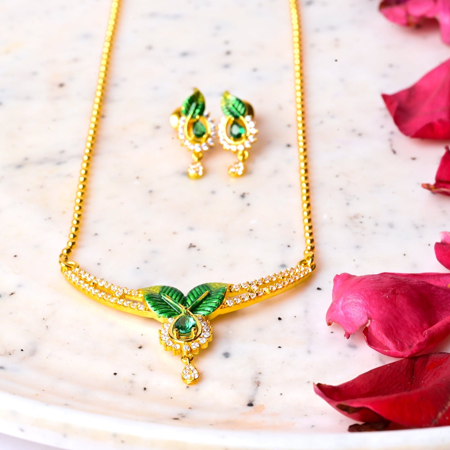 The Emerald Leaf Elegance Necklace Set - Vinayak - House of Silver