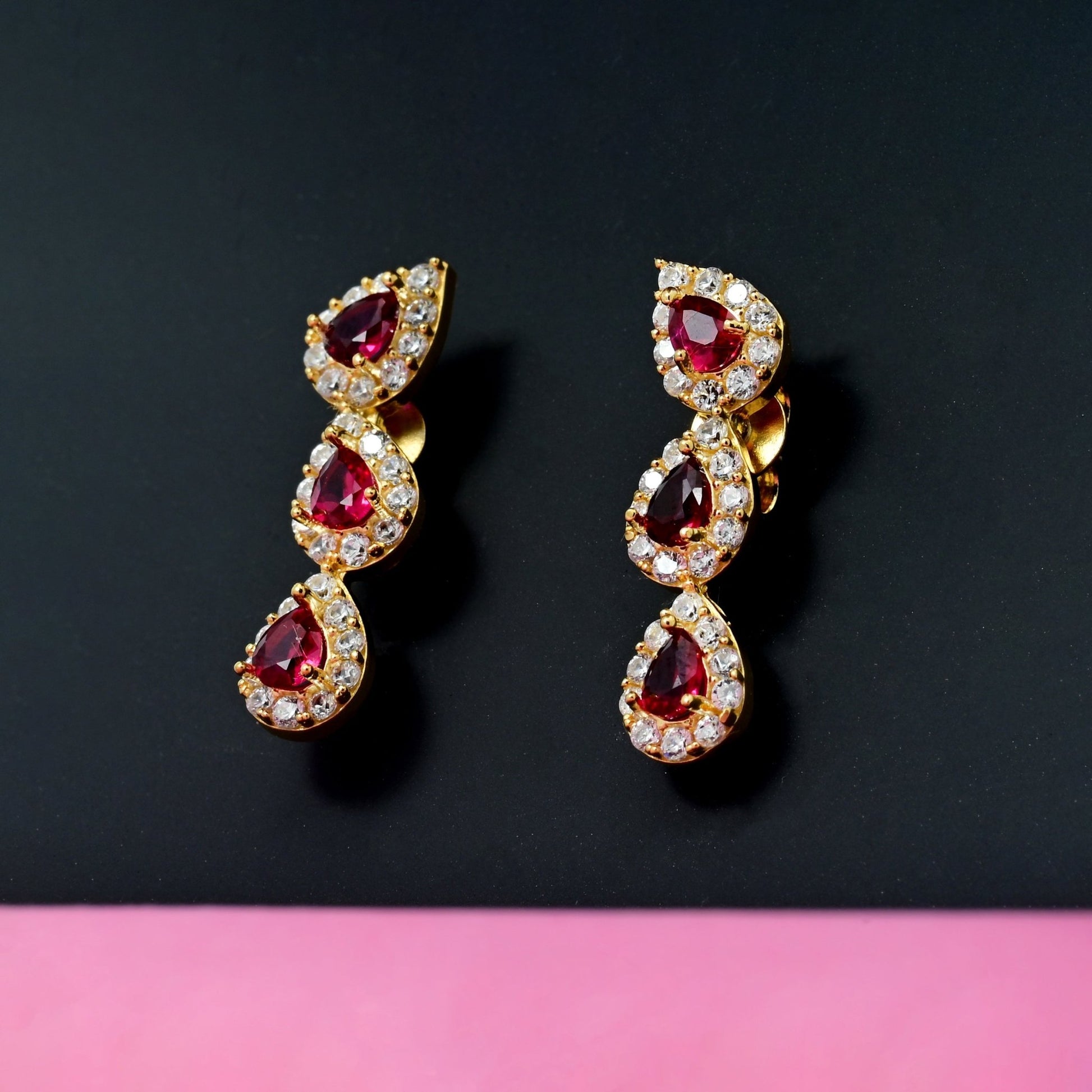 The Trinity Ruby and Zirconia Drop Earrings - Vinayak - House of Silver